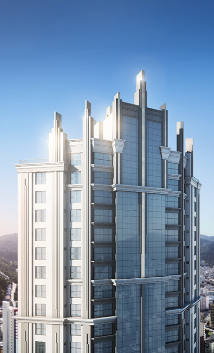 Edifício com fachada e esquadrias em destaque